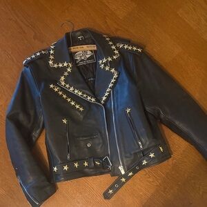 Bad B*tch Black Leather Jacket with Gold Star Accents